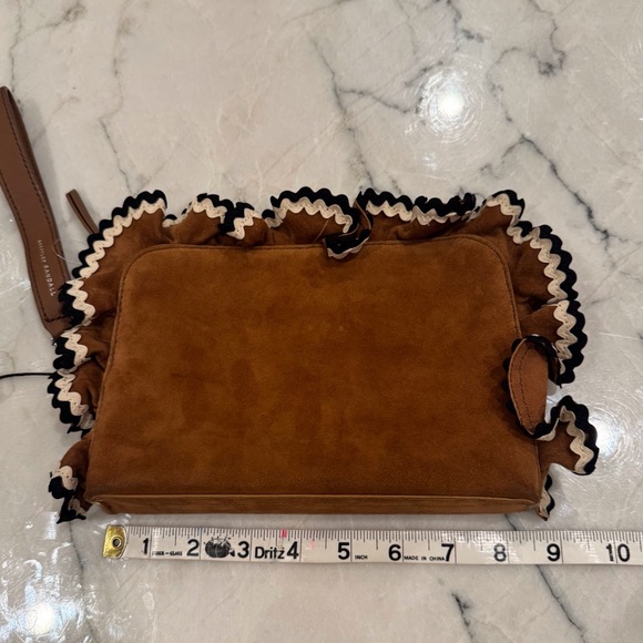 Loeffler Randall Clutch Wristlet Coastal Cowgirl Brown Suede Ruffled Trim NWOT - Picture 6 of 15